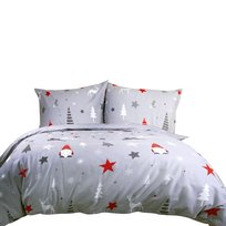 Pościel świąteczna 220x200 FLANELA BAWEŁNIANA Z MESZKIEM gwiazdki szare tło