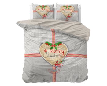 Pościel świąteczna z bawełny, szara z grafiką serca, Merry Christmas, 200x220 cm - DreamHouse