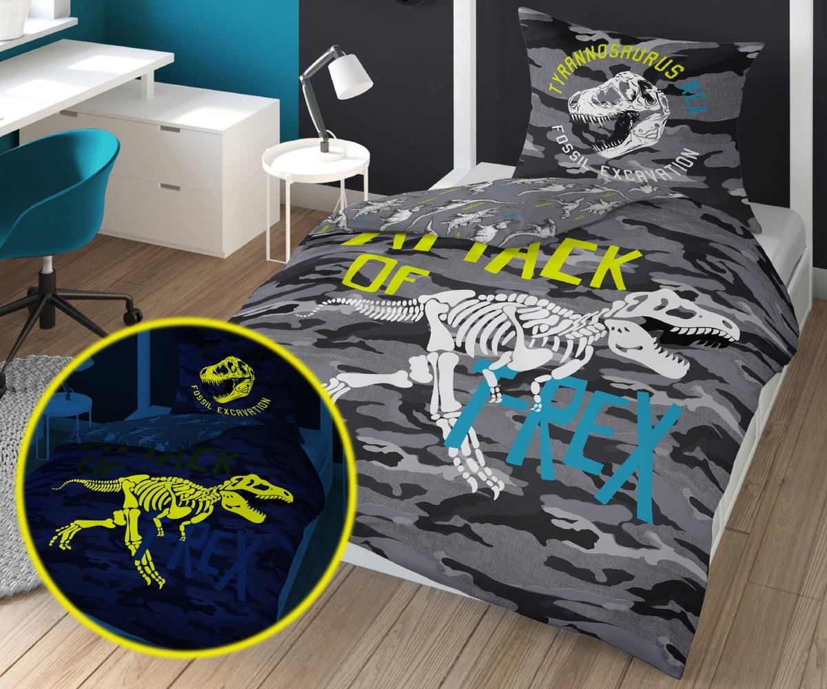 Pościel świecąca w ciemności 140x200 Dinozaury T-Rex szkielet moro szara 3042 A 2339