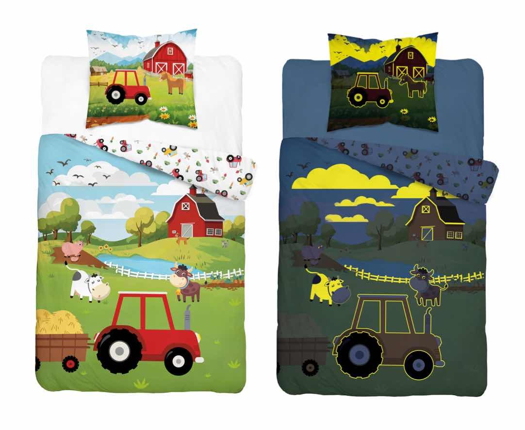Pościel świecąca w ciemności 160x200 farma z traktorem 5545 A - Fluo 95