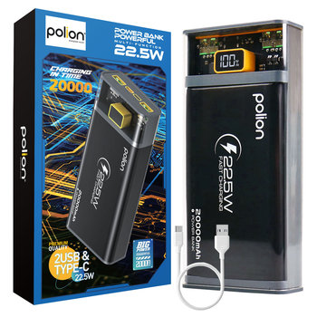 Powerbank POLION 22.5W 20000mAh USB-C 2xUSB-A PD3.0 QC 3.0 LED Kabel szary | zestaw - Polion