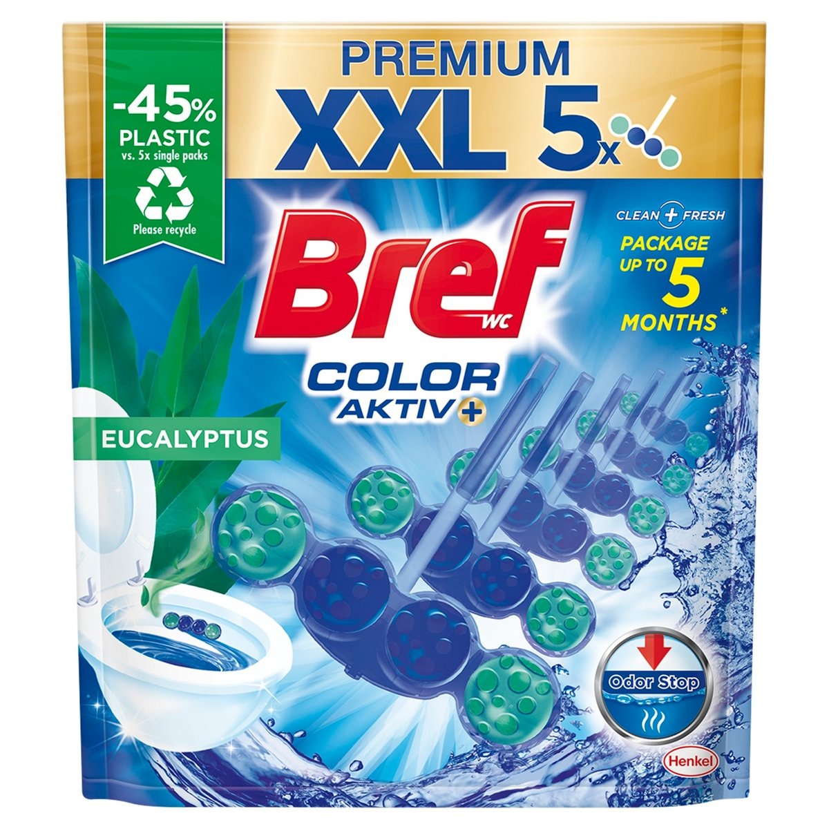 Bref Activ PREMIUM XXL BREF COLOR ACTIV EUKALYPTUS 5 SZT – ŻELOWE KOSTKI DO WC ...