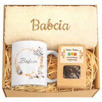 Prezent dla Babci Świąteczny Święta Ręcznik Kubek Herbatka db Dzień Babci