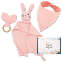 Prezent dla niemowlaka – chłopca i dziewczynki – Zestaw muślinowy Newborn: przytulanka, śliniaczek i gryzak – upominek na narodziny, baby shower i wyprawkę dla noworodka 