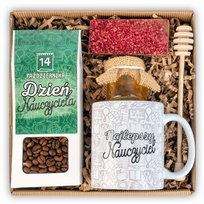 Prezent na dzień nauczyciela zestaw kawa, kubek z nadrukiem i słodycze w pudełku
