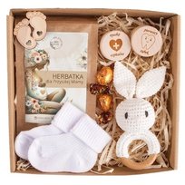 PREZENT z okazji Baby Shower dla Przyszłej Mamy gryzak, herbatka, skarpetki
