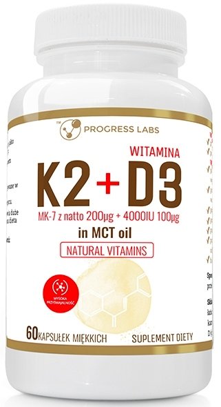 Zdjęcia - Witaminy i składniki mineralne Progress Suplement diety,  Labs, Witamina K2 200uq + D3 4000 W Oleju Mct 60 