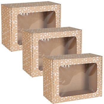 Prostokątne pudełko fasonowe z okienkiem, pudełko prezentowe z białym nadrukiem geometrycznym 25x20x10 cm x3 - sarcia.eu