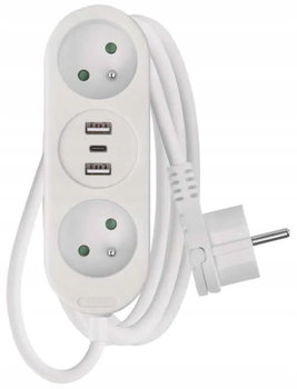 Przedłużacz listwowy biały 2 gniazda + 2xUSB A + USB C 2m - Emos
