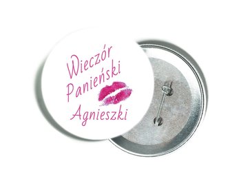 Przypinka Personalizowana Biała Z Różowym Napisem I Ustami Na Wieczór Panieński - Congee.pl