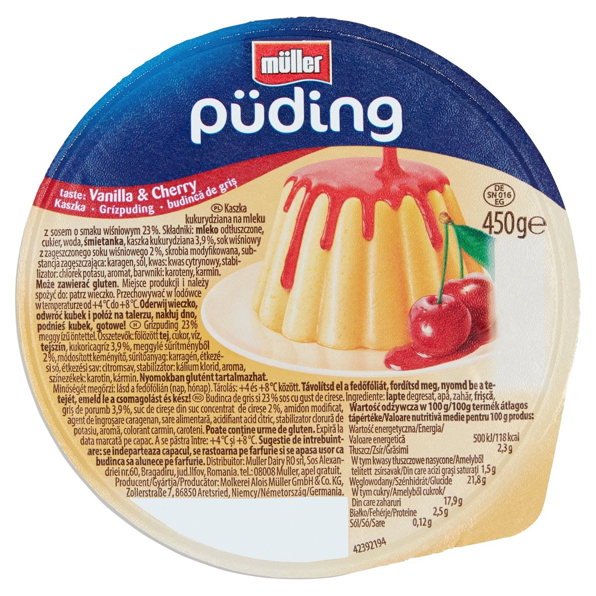 Inny producent Pudding kasza manna waniliowy z wiśniami 450 g