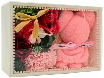 Pudełko Flower Box Mydlany Kwiatowy Kwiaty Mydlane Róże + Różowy Miś - Inna marka