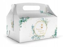 PUDEŁKO na ciasto z napisem Pierwsza Komunia Święta z liśćmi eukaliptusa