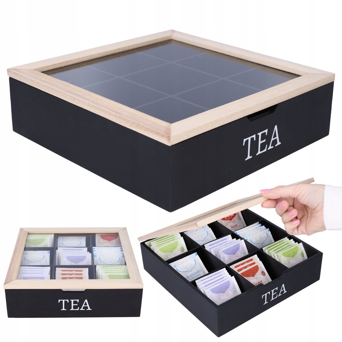 Zdjęcia - Pojemnik na żywność Pudełko na herbatę herbaciarka 9 przegród czarna