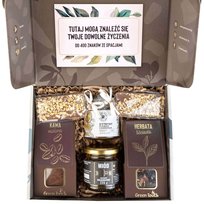 Pudełko prezentowe zestaw kosz z herbatą i kawą miód cytryny z życzeniami