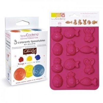 Pudełko z 3 barwnikami rozpuszczalnymi w tłuszczach i silikonową foremką do wykonania kolorowych czekoladek wielkanocnych. - Youdoit