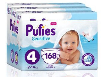 Pufies, Sensitive, Pieluszki jednorazowe, rozmiar 4, Maxi, 9-14 kg, 168 szt. - Pufies