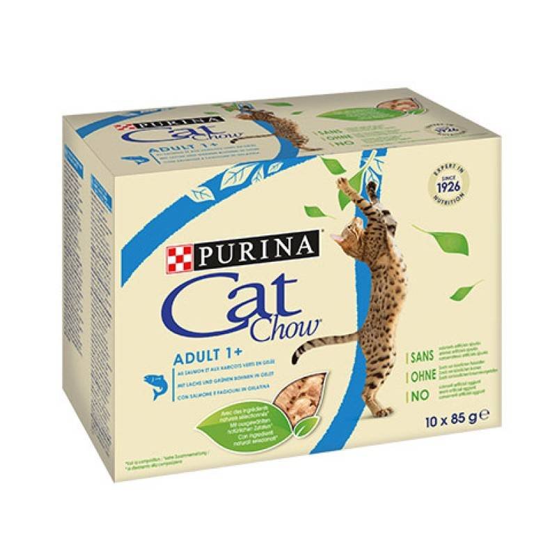 Фото - Корм для кішок Cat Chow Purina  Multipack z łososiem i zieloną fasolką w galaretce 10x85g 