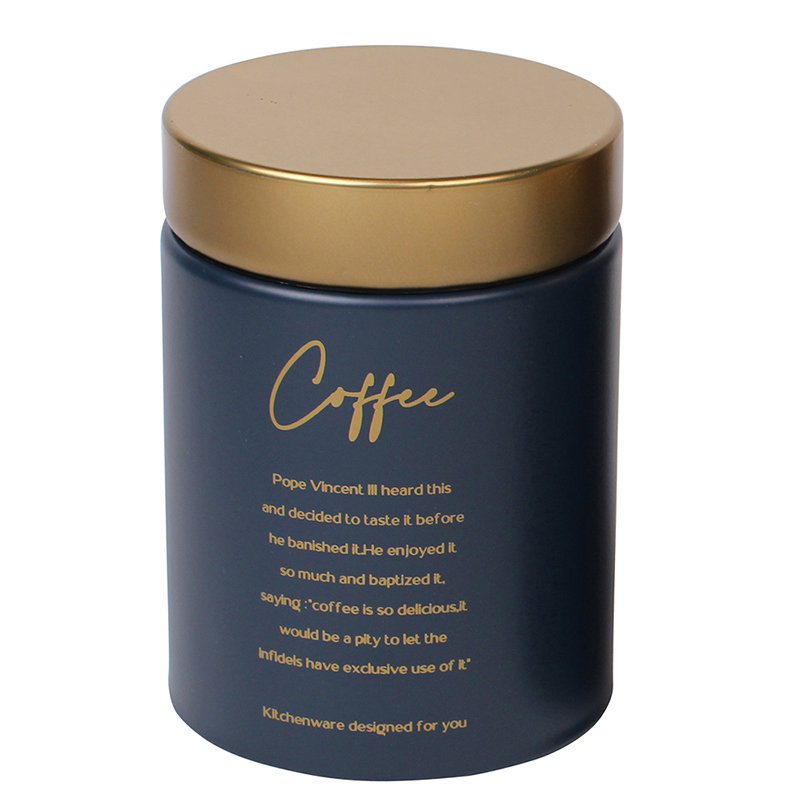 Puszka okrągła granatowa matowa ze złotą pokrywką i złotymi napisami 11x11x15 cm dek. coffee-Zdjęcie-0