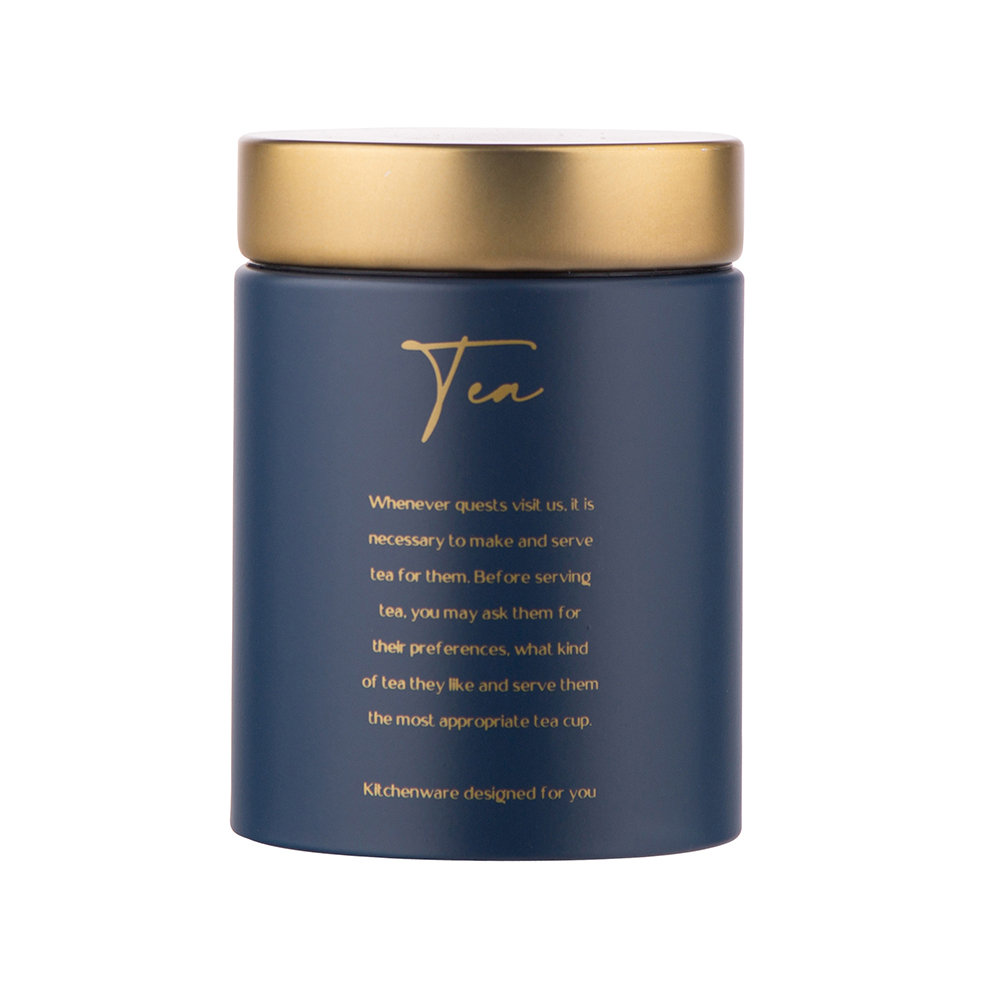 Puszka Okrągła Granatowa Matowa Ze Złotą Pokrywką I Złotymi Napisami 11X11X15 Cm Dek. Tea-Zdjęcie-0