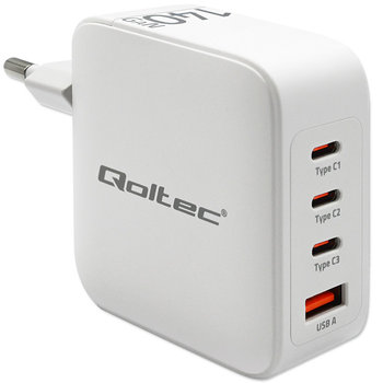 Qoltec Ładowarka sieciowa 140W GaN 5-20V 2.5-5A 3 x USB-C PD 1 x USB QC 3.0 Biała - Qoltec