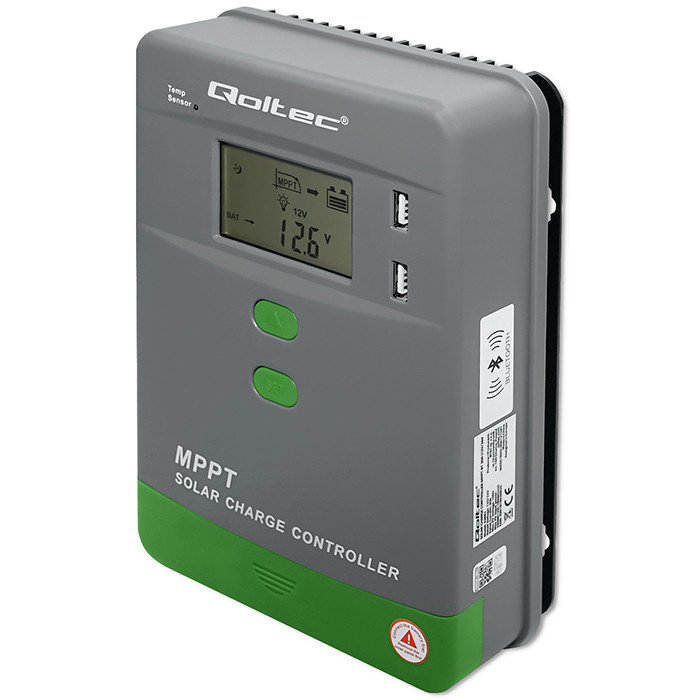 Qoltec Solarny regulator ładowania MPPT z czujnikiem temperatury 50A |12V / 24V | LCD | 2 x USB | Bluetooth | APP | GEL | LiFePO4