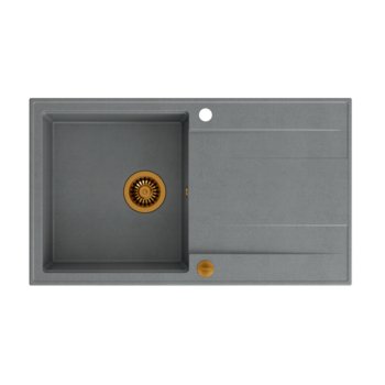 QUADRON EVAN 111 GraniteQ zlewozmywak z syfonem i zaślepką 1-komorowy z/o (860x500x210) silver stone / elementy miedziane - Quadron Polska