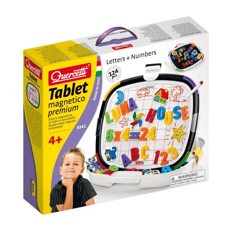 Quercetti, Premium, Duże litery, cyfry, kształty, tablica magnetyczna dwustronna, 124 elementy