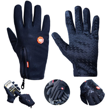 R0020_CZARNE_L RĘKAWICZKI ROWEROWE ZIMOWE L MĘSKIE DAMSKIE CZARNE DOTYKOWE CIEPŁE MESZEK - Ercole