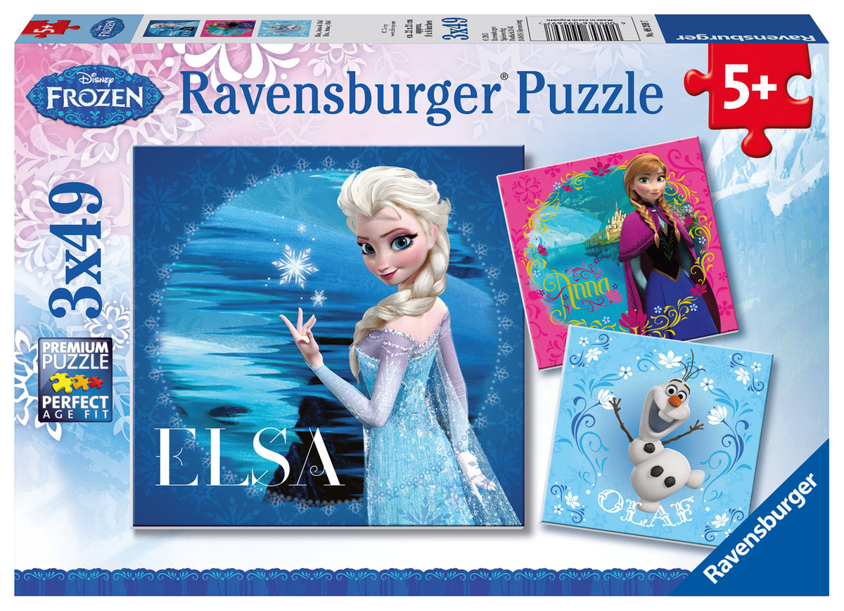 Ravensburger, puzzle, Disney, Kraina Lodu Elsa, Anna i Olaf, 3x49 el.