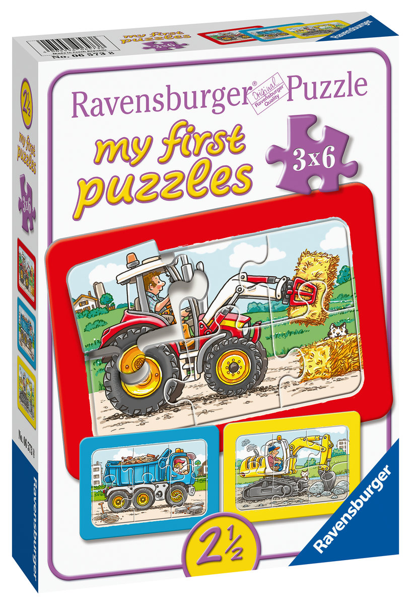 Ravensburger, puzzle, Traktor, koparka i ciężarówka, 3x6 el.