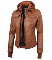 REAL LEATHER KURTKA SKÓRZANA Z KAPTUREM BRĄZOWA ZAMEK L 2JPA Inna marka
