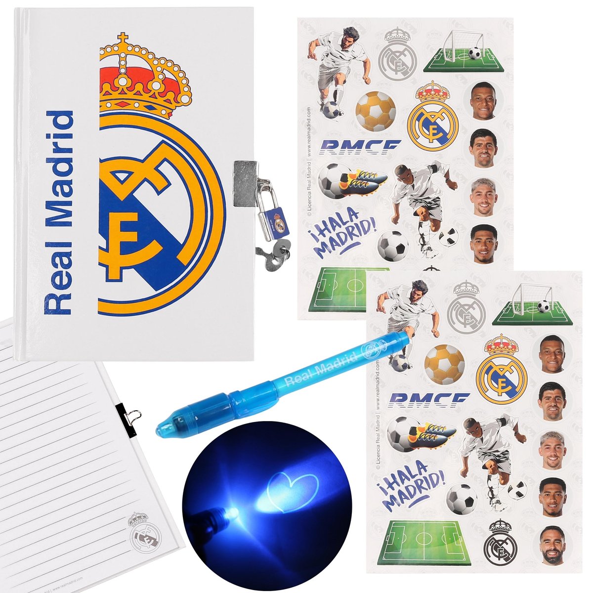 sarcia.eu Real Madryt PAMIĘTNIK na kłódkę z MAGICZNYM DŁUGOPISEM + naklejki, Zestaw PREMIUM dla kibica