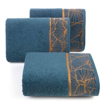 Ręcznik kąpielowy 50x90 niebieski 500 g/m2 elegancki zdobiony żakardowym geometrycznym złotym wzorem w liście - Eurofirany