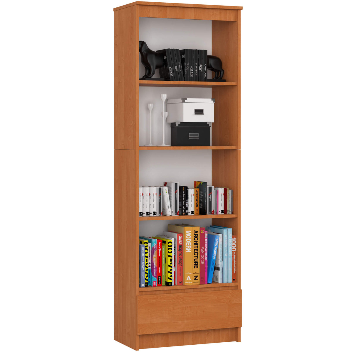 Regał 60 cm 1 szuflada 4 półki wysoki do salonu - Olcha