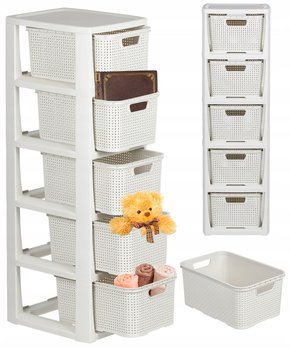 REGAŁ ŁAZIENKOWY KOMODA STOJAK SŁUPEK SZAFKA Z 5 KOSZAMI RATTAN BIAŁY BRANQ - BRANQ