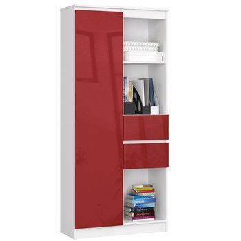 Regał R15 80 cm biurowy 1 drzwi 2 szuflady 7 półek - Biały Czerwony Połysk - FABRYKA MEBLI AKORD