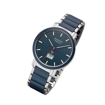 Regent męski zegarek sterowany radiowo FR-254 analogowo-cyfrowy zegarek na rękę niebieski srebrny URFR254 - Regent