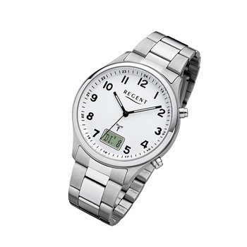 Regent męski zegarek sterowany radiowo FR-275 metalowy zegarek analogowo-cyfrowy srebrny URBA444 - Regent