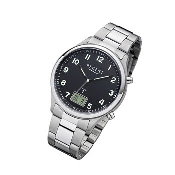 Regent męski zegarek sterowany radiowo FR-276 analogowo-cyfrowy metalowy srebrny URBA445 - Regent