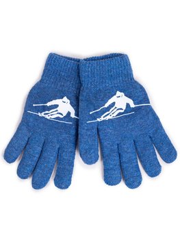 Rękawiczki chłopięce pięciopalczaste dwuwarstwowe niebieskie z narciarzem 20 cm YOCLUB - YoClub