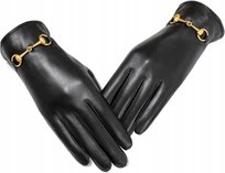 Rękawiczki Damskie Skórzane Czarne ZŁOTA KLAMERKA