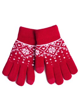 Rękawiczki dziewczęce pięciopalczaste ocieplane wzór norweski czerwone dotykowe 20 cm - YoClub