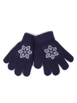 Rękawiczki Dziewczęce Pięciopalczaste Z Odblaskiem Granatowe Ze Śnieżynką 16 Cm Yoclub - YoClub