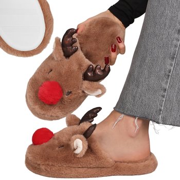 Renifer ANTYPOŚLIZGOWE damskie papcie domowe, CIEPŁE, MIĘKKIE, FUTRZASTE kapcie do domu, świąteczne 40-41 EU - sarcia.eu