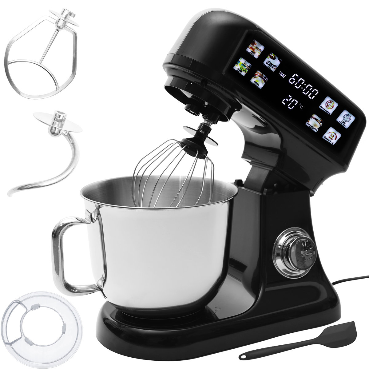 Robot planetarny kuchenny mikser z misą 6l panel LED funkcja fermentacji waga silikonowa łopatka czarny