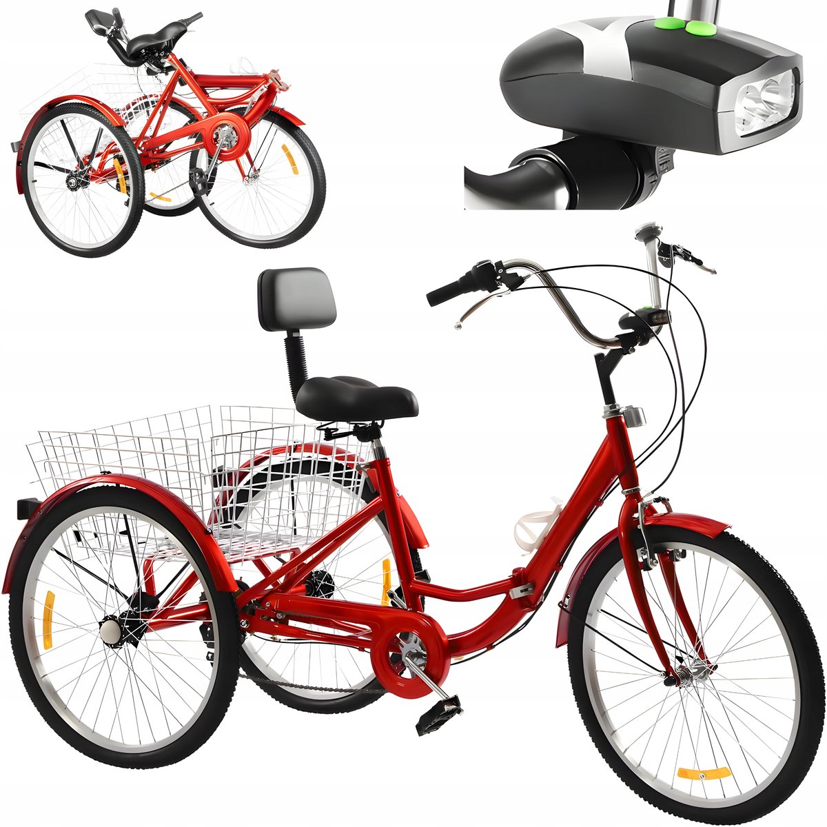 ROWER TRÓJKOŁOWY SKŁADANY CZERWONY 24 CALE KOSZYK UCHWYT NA BIDON+LAMPA ...