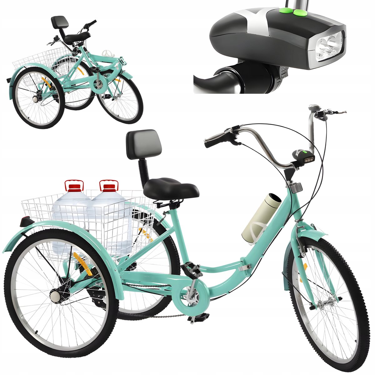ROWER TRÓJKOŁOWY SKŁADANY TURKUSOWY 24 CALE DLA DOROSŁYCH KOSZYK LAMPA ...