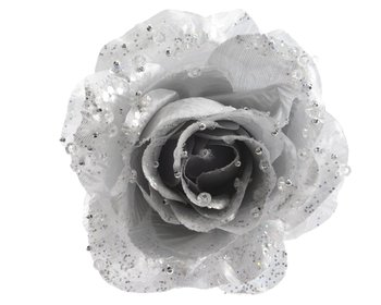 Róża Srebrna Na Klipsie Błyszcząca Z Brokatem Diy - ABC