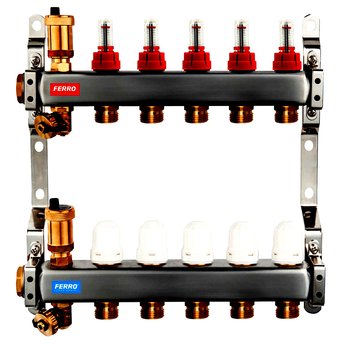 Rozdzielacz ze stali nierdzewnej 1" 12-drogowy z zaworami termostatycznymi - Ferro